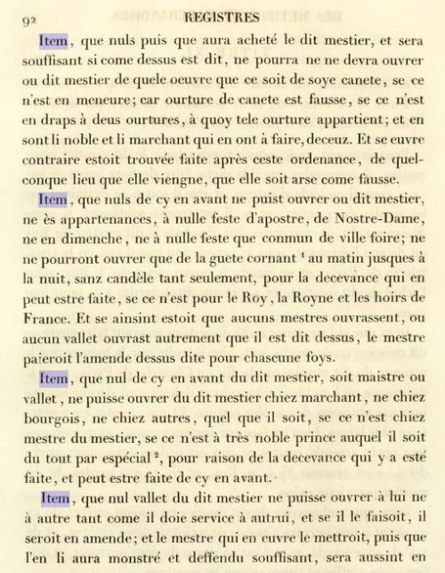 Règlemens sur les arts et métiers de Paris (Etienne Boileau), XIIIe s. Publié en 1837 par G.-B. Depping.